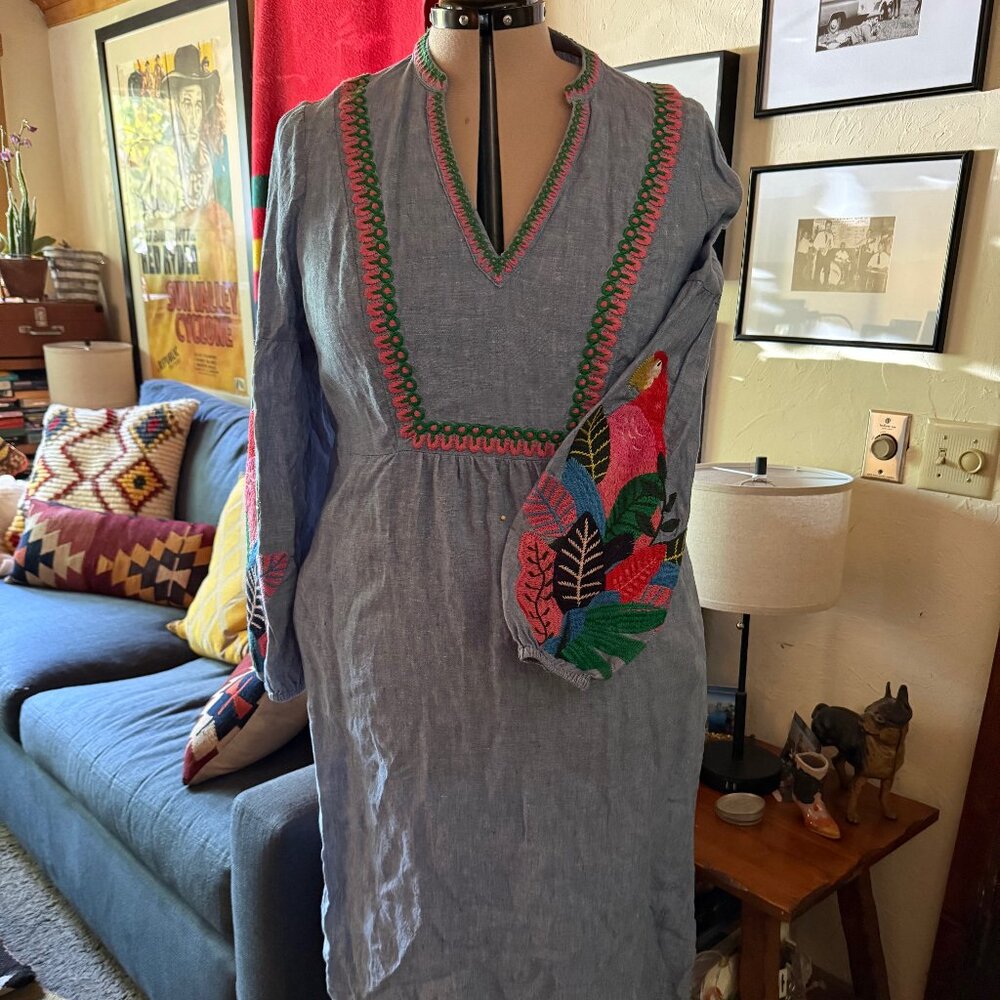 Boden Linen Midi Dress with Tropical Embroidery and Pockets